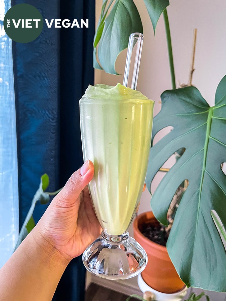 Vietnamese Avocado Shake avocado smoothie in a milkshake glass with a glass straw, held in front of some houseplants