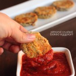 Almond Crusted Baked Eggplant - Finger food with tons of protein! #appetizerweek