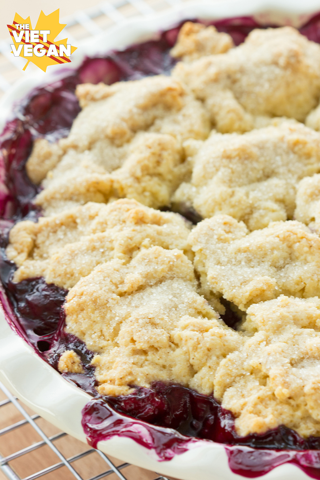 Vegan Blueberry Cobbler | The Viet Vegan | A layer of blueberries are studded with fluffy, sugar-crusted biscuits