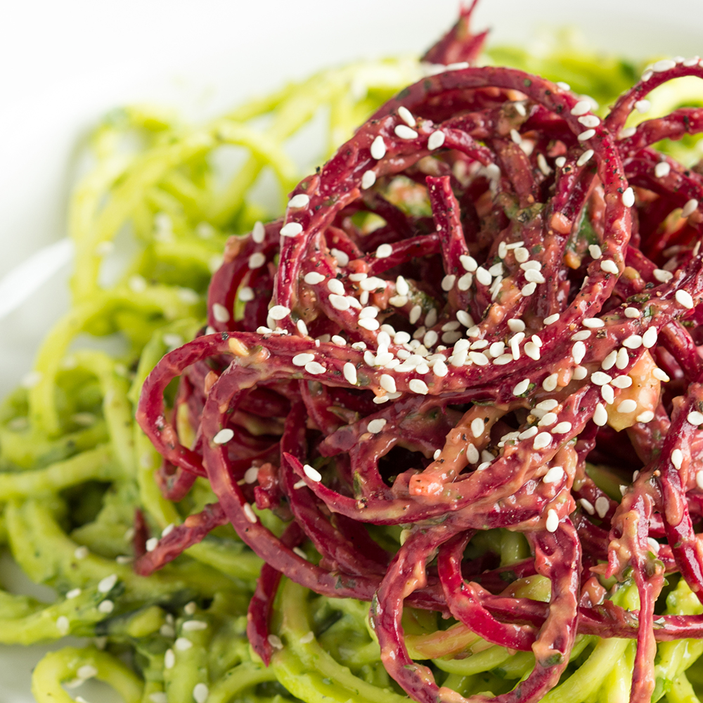 Zucchini Beet Noodles with Avocado Sauce