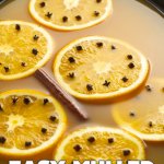 Orange slices pierced with cloves and cinnamon floating in apple cider