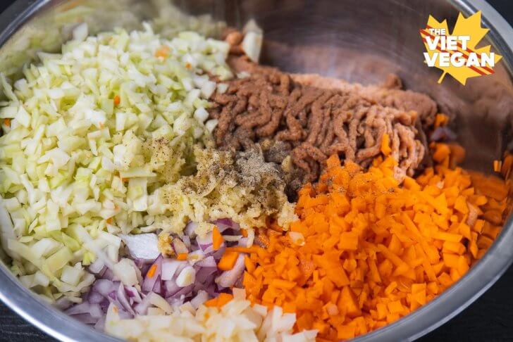 wonton filling ingredients in abowl, chopped up