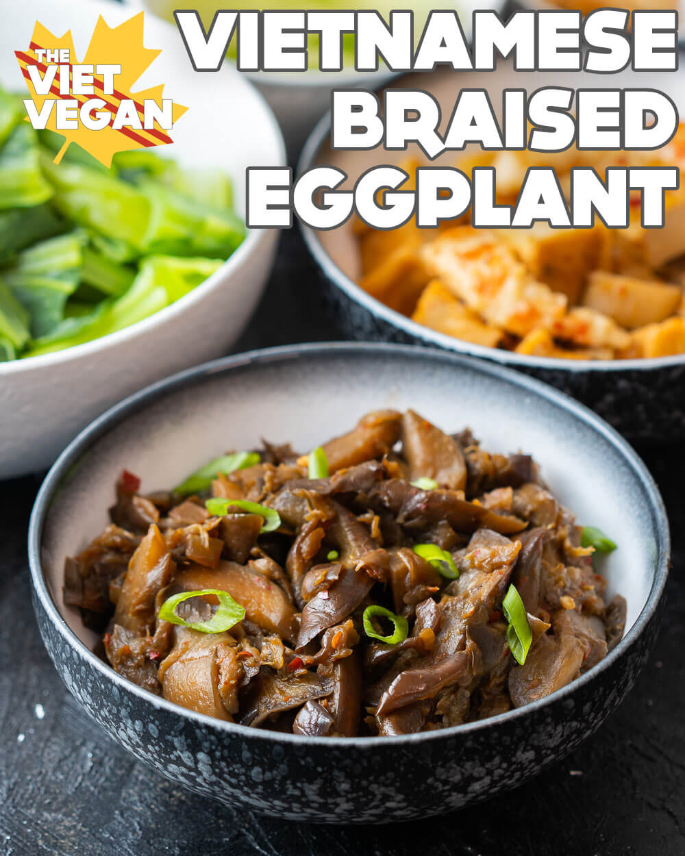 braised eggplant in a bowl among some other Vietnamese homestyle dishes