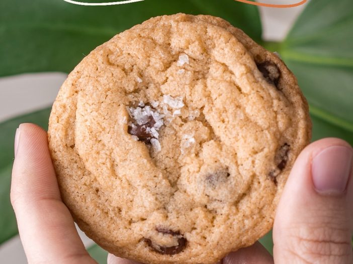 chocolate chip cookie with salt flakes on top, hed in front of a monstera leaf (with text title on top)