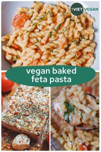 three photos: the paasta, the herby feta, and a spoonful of the sauced pasta, with text overlay on top