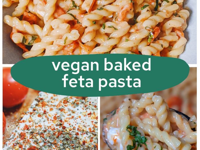 three photos: the paasta, the herby feta, and a spoonful of the sauced pasta, with text overlay on top