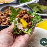 vegan bulgogi with rice, and pickled radish in a shiso leaf