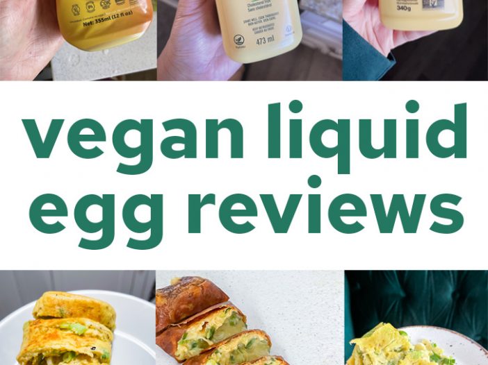Vegan liquid egg review, three bottles of the products on top, three photos of the cooked products below