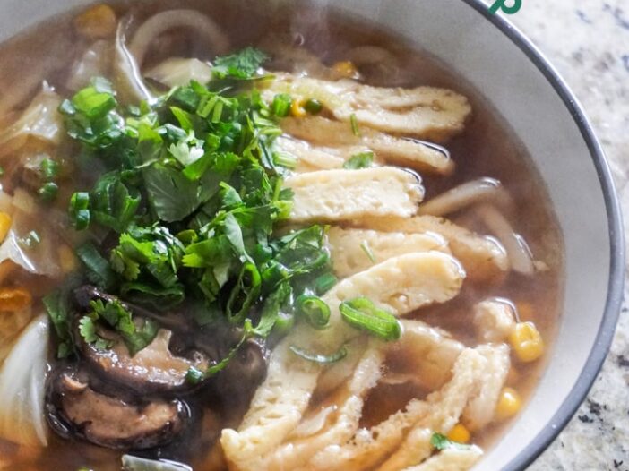 vegan udon noodle soup with toppings in a bowl on a granite countertop