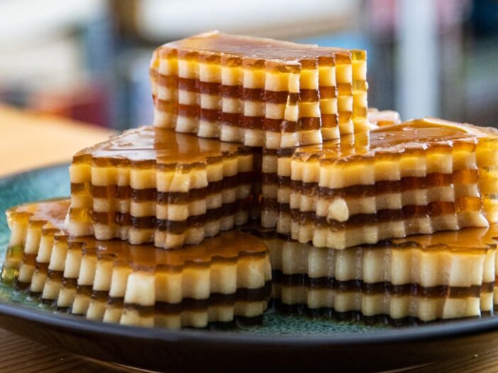 crinkle cut jellies on a plate with the text Vietnamese Coffee Agar Agar Jelly in the corner