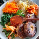 mini tofu hamburger steak bulgogi on bibimbap