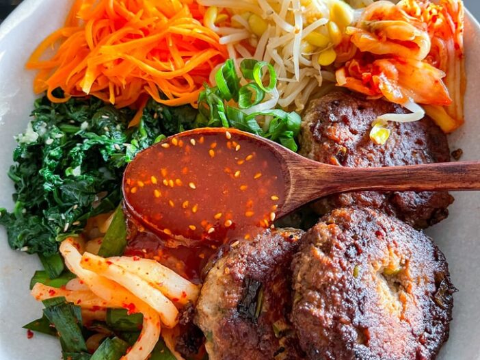 mini tofu hamburger steak bulgogi on bibimbap