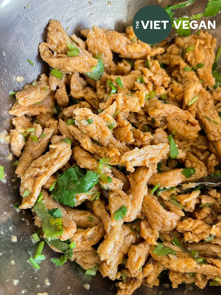 soy curls marinating in bowl