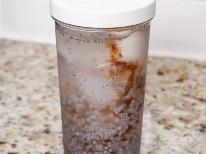 basil seed and malva nut drink in a to go cup on the counter