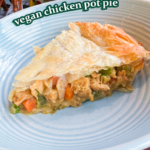 slice of vegan chicken pot pie in a blue bowl