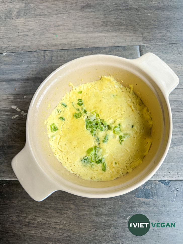 vegan steamed egg in a mini casserole dish
