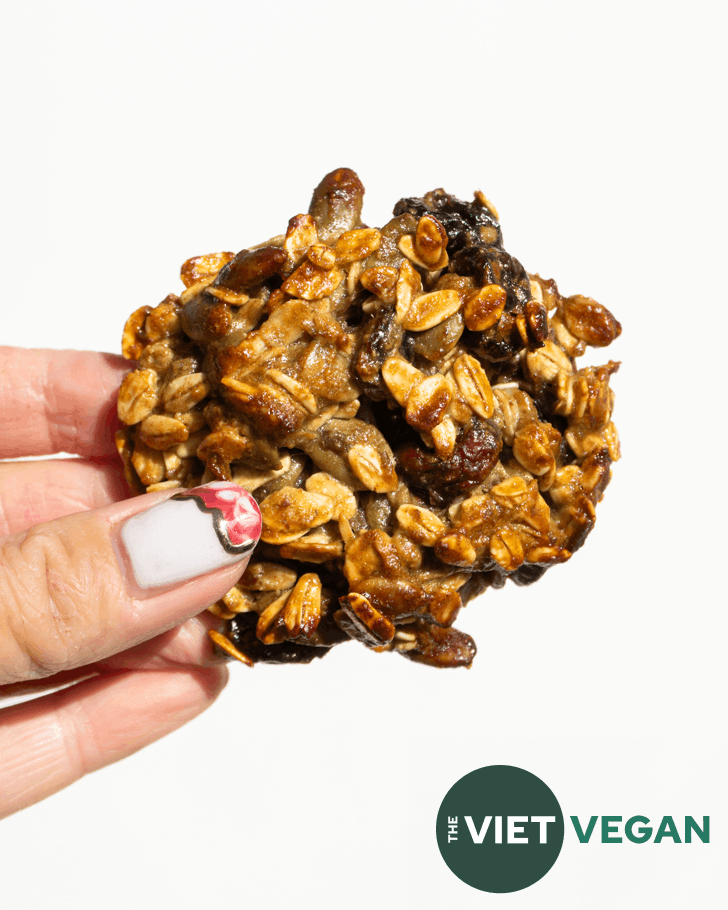 vegan breakfast cookie, held up in the sunlight